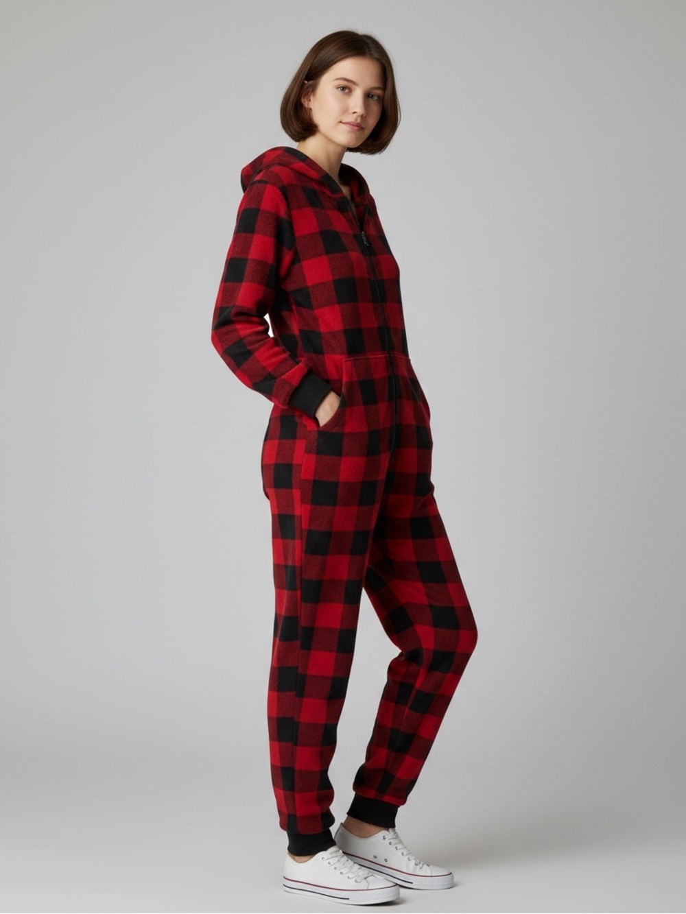 Ripzone Kids Red and Black Buffalo Plaid Hooded Zip Pajama Onesie